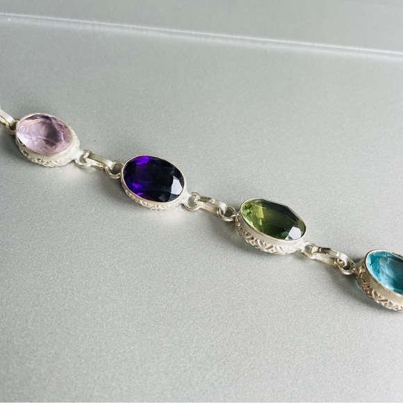 Multi Colored Cubic Zirconia Ornate Oval Link Sterling Silver Toggle Bra… - Picture 4 of 10